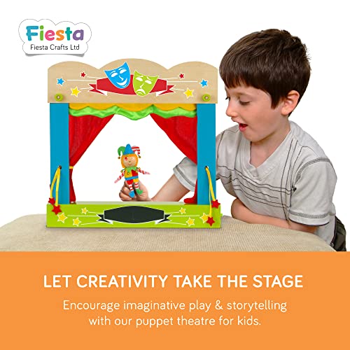 Fiesta Crafts Finger Puppets Theatre - Colourful Wooden Carry Case for Hand Puppets with Fabric Curtains & Drawstrings to Pull - Easy to Fold Portable Kids Pop Up Theatre for Imaginative Play
