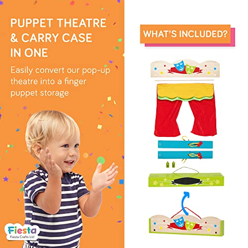 Fiesta Crafts Finger Puppets Theatre - Colourful Wooden Carry Case for Hand Puppets with Fabric Curtains & Drawstrings to Pull - Easy to Fold Portable Kids Pop Up Theatre for Imaginative Play