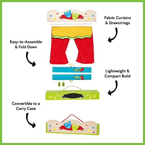 Fiesta Crafts Finger Puppets Theatre - Colourful Wooden Carry Case for Hand Puppets with Fabric Curtains & Drawstrings to Pull - Easy to Fold Portable Kids Pop Up Theatre for Imaginative Play