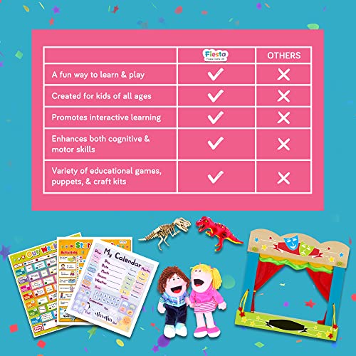 Fiesta Crafts Finger Puppets Theatre - Colourful Wooden Carry Case for Hand Puppets with Fabric Curtains & Drawstrings to Pull - Easy to Fold Portable Kids Pop Up Theatre for Imaginative Play