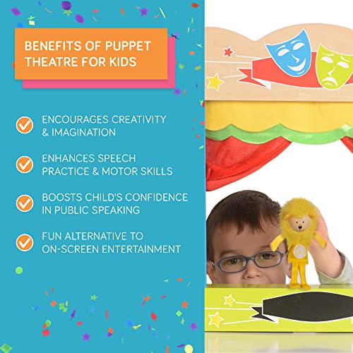 Fiesta Crafts Finger Puppets Theatre - Colourful Wooden Carry Case for Hand Puppets with Fabric Curtains & Drawstrings to Pull - Easy to Fold Portable Kids Pop Up Theatre for Imaginative Play