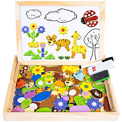 COOLJOY 100 Pcs Wooden Magnetic Board Puzzle Games, Wooden Toys for 3 Year Old Boys Girls, Double Face Jigsaw & Drawing Easel Chalkboard Educational Learning Toys for Kids (Animal Pattern)