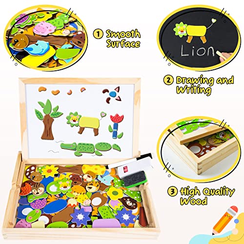 COOLJOY 100 Pcs Wooden Magnetic Board Puzzle Games, Wooden Toys for 3 Year Old Boys Girls, Double Face Jigsaw & Drawing Easel Chalkboard Educational Learning Toys for Kids (Animal Pattern)