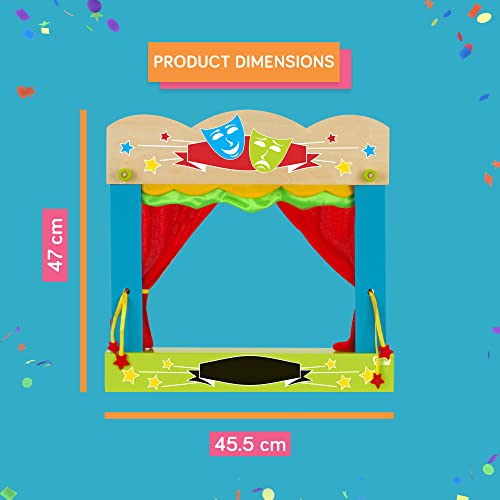 Fiesta Crafts Finger Puppets Theatre - Colourful Wooden Carry Case for Hand Puppets with Fabric Curtains & Drawstrings to Pull - Easy to Fold Portable Kids Pop Up Theatre for Imaginative Play