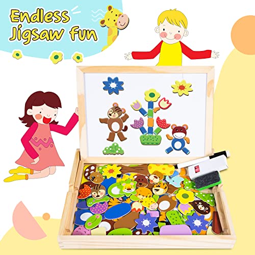 COOLJOY 100 Pcs Wooden Magnetic Board Puzzle Games, Wooden Toys for 3 Year Old Boys Girls, Double Face Jigsaw & Drawing Easel Chalkboard Educational Learning Toys for Kids (Animal Pattern)