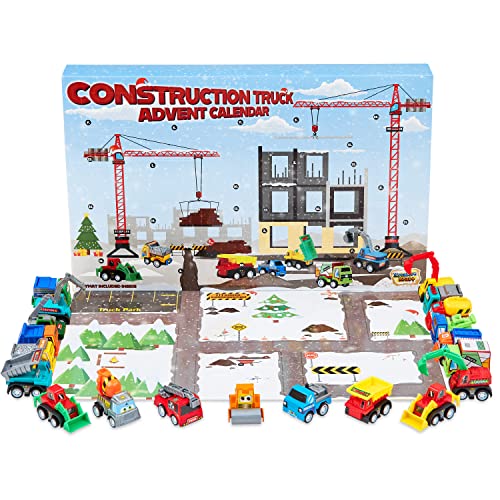 KreativeKraft Advent Calendar 2023 Kids Car Advent Calendars with 24 Diecast Mini Racing Cars or Construction Trucks, Countdown To Christmas Calendars Boys Girls (Construction Trucks)