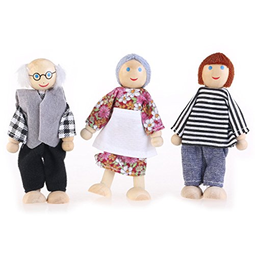 ROSENICE 6pcs Wooden Puppet Toys Cartoon Family Dolls for Children Play House Gift (Random color)