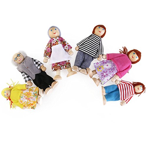 ROSENICE 6pcs Wooden Puppet Toys Cartoon Family Dolls for Children Play House Gift (Random color)