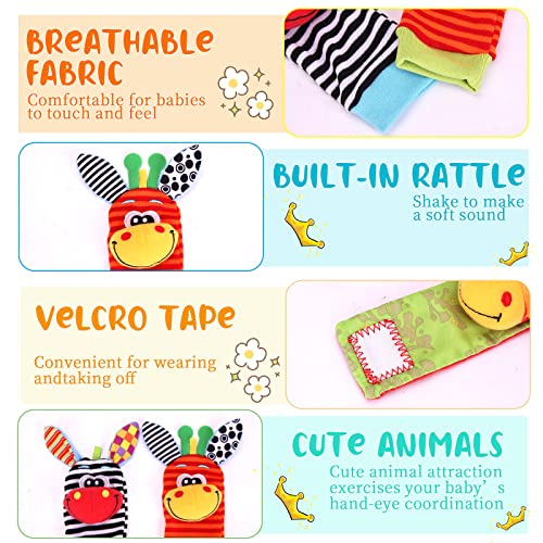 ACCEVO Cute Animal Wrist Rattles & Foot Finder Socks for Babis Soft Baby Arm Hand Bracelet Wristband Rattle Feet Leg Ankle Socks Newborn Toys for Baby Girls Boys 0-3 3-6 6-9 9-12 12-36 Months