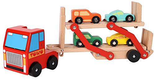 TOWO Wooden Car Transporter Toy Double Decker Trailer with 4 Cars ramp racer - Wooden car Toy Truck Carrier for 3 Years Old Boys Vehicle Toys for kids