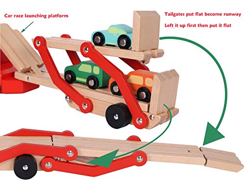 TOWO Wooden Car Transporter Toy Double Decker Trailer with 4 Cars ramp racer - Wooden car Toy Truck Carrier for 3 Years Old Boys Vehicle Toys for kids