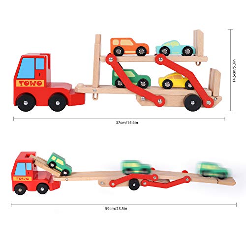 TOWO Wooden Car Transporter Toy Double Decker Trailer with 4 Cars ramp racer - Wooden car Toy Truck Carrier for 3 Years Old Boys Vehicle Toys for kids