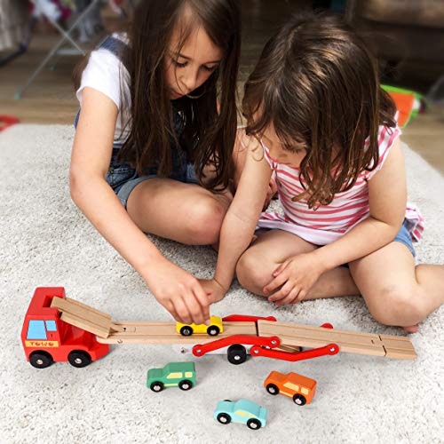 TOWO Wooden Car Transporter Toy Double Decker Trailer with 4 Cars ramp racer - Wooden car Toy Truck Carrier for 3 Years Old Boys Vehicle Toys for kids