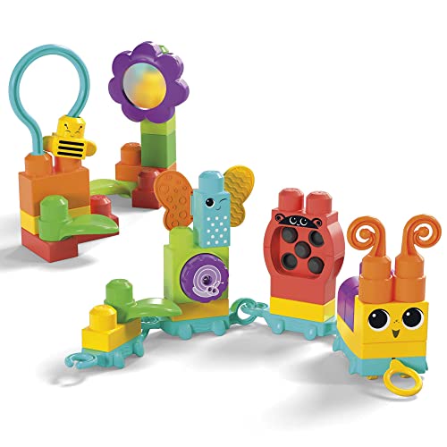 MEGA BLOKS Fisher-Price Sensory Building Blocks Toy, Move n Groove Caterpillar Train with 30 Pieces and Pull String, Toddlers Age 1+ Years, HKN44