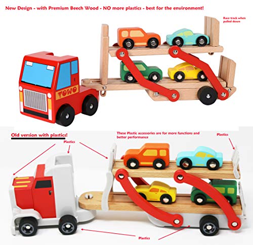 TOWO Wooden Car Transporter Toy Double Decker Trailer with 4 Cars ramp racer - Wooden car Toy Truck Carrier for 3 Years Old Boys Vehicle Toys for kids