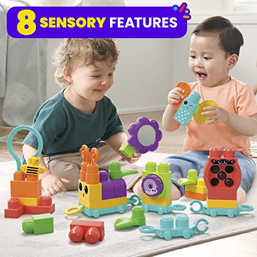 MEGA BLOKS Fisher-Price Sensory Building Blocks Toy, Move n Groove Caterpillar Train with 30 Pieces and Pull String, Toddlers Age 1+ Years, HKN44