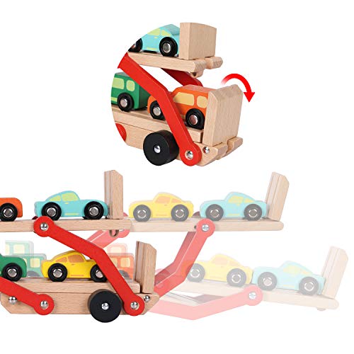 TOWO Wooden Car Transporter Toy Double Decker Trailer with 4 Cars ramp racer - Wooden car Toy Truck Carrier for 3 Years Old Boys Vehicle Toys for kids