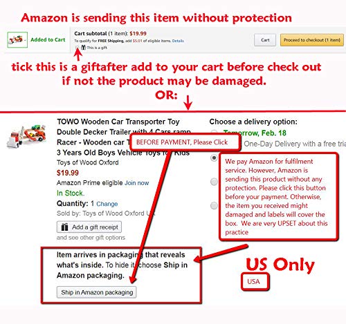 TOWO Wooden Car Transporter Toy Double Decker Trailer with 4 Cars ramp racer - Wooden car Toy Truck Carrier for 3 Years Old Boys Vehicle Toys for kids