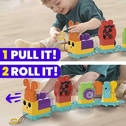 MEGA BLOKS Fisher-Price Sensory Building Blocks Toy, Move n Groove Caterpillar Train with 30 Pieces and Pull String, Toddlers Age 1+ Years, HKN44