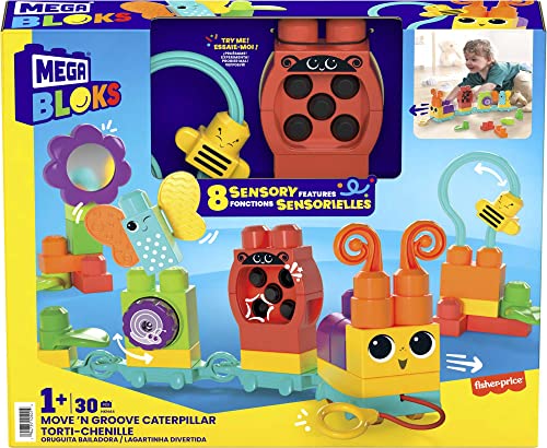 MEGA BLOKS Fisher-Price Sensory Building Blocks Toy, Move n Groove Caterpillar Train with 30 Pieces and Pull String, Toddlers Age 1+ Years, HKN44