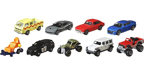 Matchbox 9-Pack Vehicles, Collection of 9 1:64 Scale Die-Cast Toy Cars Featuring Real-World Replicas of Recognizable Vehicles for Collectors and Kids 3 Years Old & Older, X7111