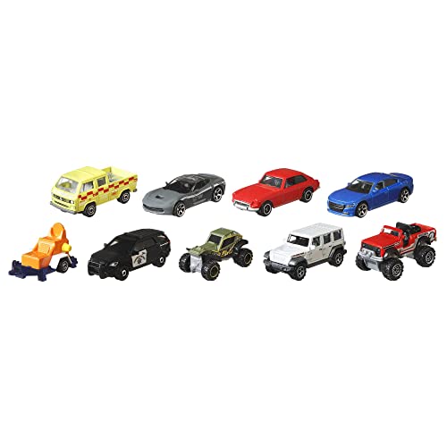Matchbox 9-Pack Vehicles, Collection of 9 1:64 Scale Die-Cast Toy Cars Featuring Real-World Replicas of Recognizable Vehicles for Collectors and Kids 3 Years Old & Older, X7111