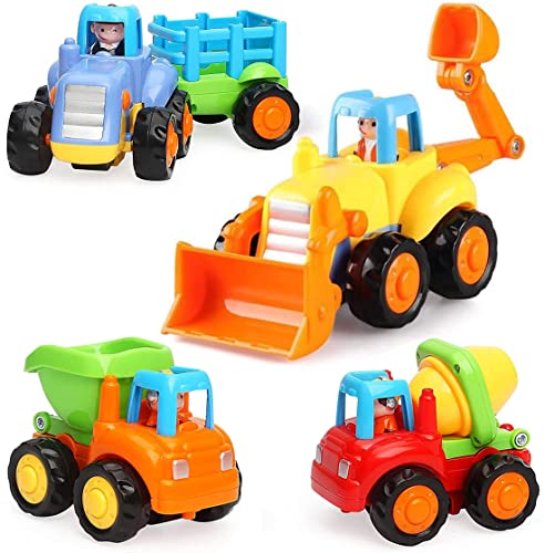 HOLA Toys for 1 2 Year Old Boy Gifts, 4 Pack Friction Power Kids Digger Trucks Toy Cars for 1+ Year Olds, Early Education Construction Vehicles Toddler Baby Kids Toys for 3 Year Old Boys