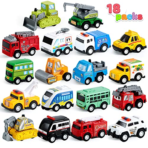 JOYIN 18 Piece Pull Back City Cars and Trucks Toy Vehicles Set Model Car, Friction Powered Die-Cast Cars for Toddlers, Boys, and Girls’ Educational Play