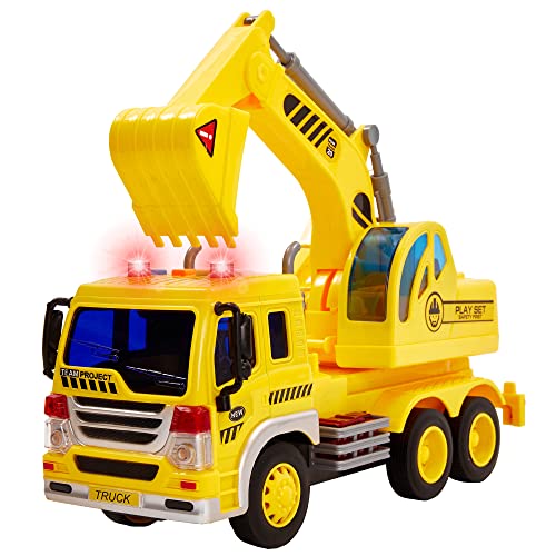 HERSITY Kids Toy Digger, Truck Lorry Toys Construction Vehicles with Lights and Sounds Cars Educational Toys Gifts for Children 3 4 5 6 Years Old Boys and Girls