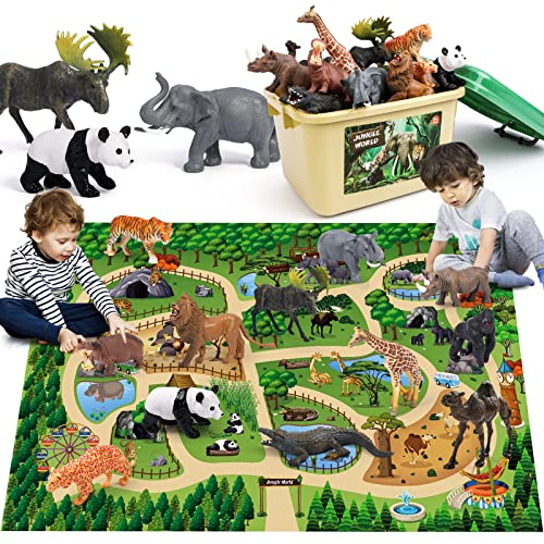 FRUSE Safari Animals Figures Toys w/ 145x98cm Jumbo Play Mat,12PCS Realistic Jungle Wild Zoo Animals Figurines Playset with Panda,Lion,Elephant,Educational Learning Toys Gifts for Toddlers Kids