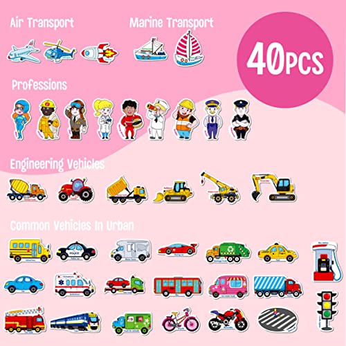 40 PCS Vehicle Magnets, Vehicles and Professions Fridge Foams for Kids-Common Vehicles, Airplane, Boat & Occupations-Magnetic Transport Refrigerator Foams Educational Learning Toys for Toddlers