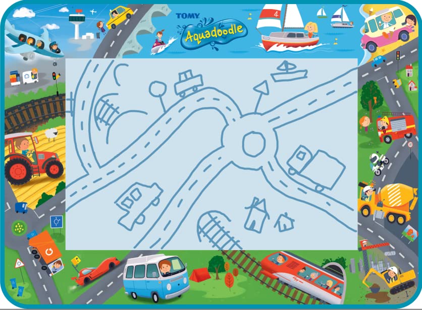 Aquadoodle E73268 Vehicle Adventure Doodle, Official Tomy No Mess Colouring & Drawing Game, Water Play Mat, Magic Pen, Suitable for Toddlers and Children Aged 18 Months+