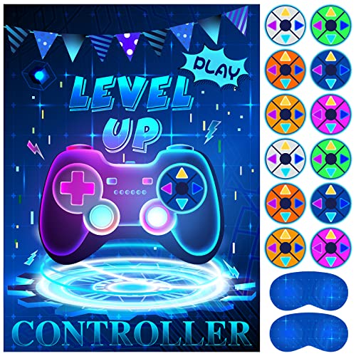 ASTARON Pin The Button on The Video Game Party Game, 30 Video Game Button Sticker, Game Theme Birthday Party Supplies Pin Game, Construction Birthday Party Favor Sets for Kids Adults.