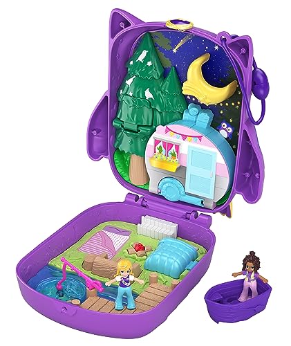 Polly Pocket World Owlnite Campsite Compact with Fun Reveals, Micro Polly and Shani Dolls, Boat and Sticker Sheet; For Ages 4 and Up - Amazon Exclusive