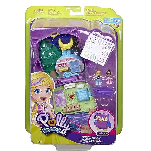 Polly Pocket World Owlnite Campsite Compact with Fun Reveals, Micro Polly and Shani Dolls, Boat and Sticker Sheet; For Ages 4 and Up - Amazon Exclusive