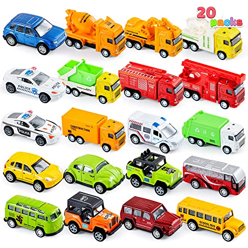 JOYIN 20 Piece Pull Back Die Cast Metal Toy Car Model Vehicle Set for Toddlers, Girls and Boys Kids Play Car Set