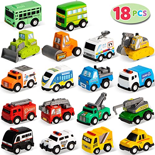 JOYIN 18 Piece Pull Back City Cars and Trucks Toy Vehicles Set Model Car, Friction Powered Die-Cast Cars for Toddlers, Boys, and Girls’ Educational Play