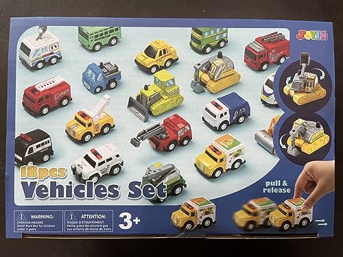 JOYIN 18 Piece Pull Back City Cars and Trucks Toy Vehicles Set Model Car, Friction Powered Die-Cast Cars for Toddlers, Boys, and Girls’ Educational Play