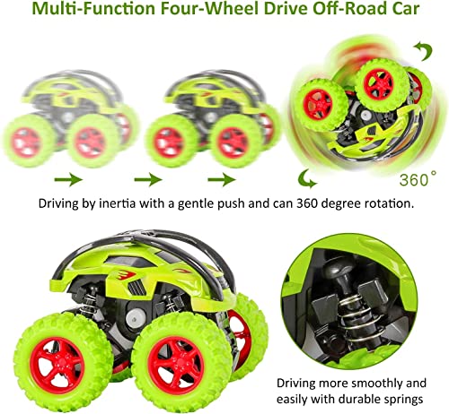 m zimoon Monster Trucks, Pull Back Car Toys 360° Rotation Off-road Friction Powered Vehicle Toy for 3-10 Year Old Boys Girls Kids Birthday Xmas Gift (2 Pack, Green Red)