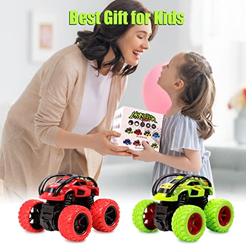 m zimoon Monster Trucks, Pull Back Car Toys 360° Rotation Off-road Friction Powered Vehicle Toy for 3-10 Year Old Boys Girls Kids Birthday Xmas Gift (2 Pack, Green Red)