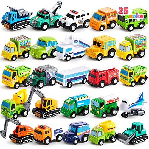 JOYIN 25 Piece Pull Back City Cars and Trucks Toy Vehicles Set for Toddlers, Girls and Boys Kids Play Set, Die-Cast Car Set