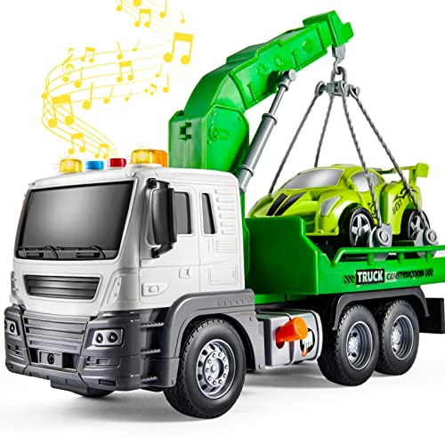 HYAKIDS 1:16 Rescue Wrecker Crane Truck with Race Car Lifting Function for Kids Friction Powered Vehicle Construction Toys Educational Gifts for Boys Girls 3 4 5 Year Old
