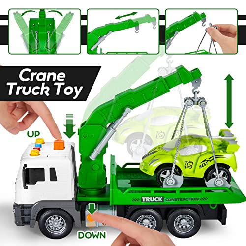 HYAKIDS 1:16 Rescue Wrecker Crane Truck with Race Car Lifting Function for Kids Friction Powered Vehicle Construction Toys Educational Gifts for Boys Girls 3 4 5 Year Old