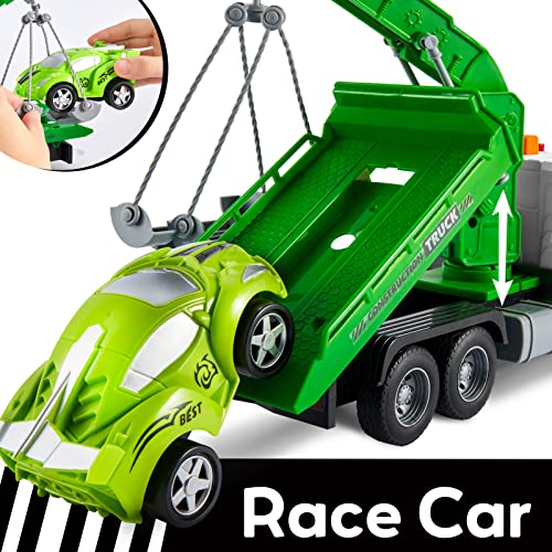 HYAKIDS 1:16 Rescue Wrecker Crane Truck with Race Car Lifting Function for Kids Friction Powered Vehicle Construction Toys Educational Gifts for Boys Girls 3 4 5 Year Old