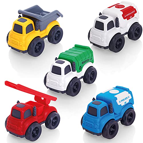 Tippi Kids' Play Vehicles - Set of 5 Trucks & Playmat Set - Police, Ambulance, Fire Engine - Toy Cars For 1,2,3 Year Old Boys - Suitable For 1 Year Olds