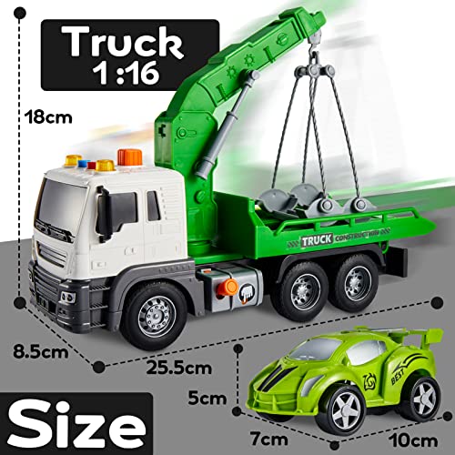 HYAKIDS 1:16 Rescue Wrecker Crane Truck with Race Car Lifting Function for Kids Friction Powered Vehicle Construction Toys Educational Gifts for Boys Girls 3 4 5 Year Old