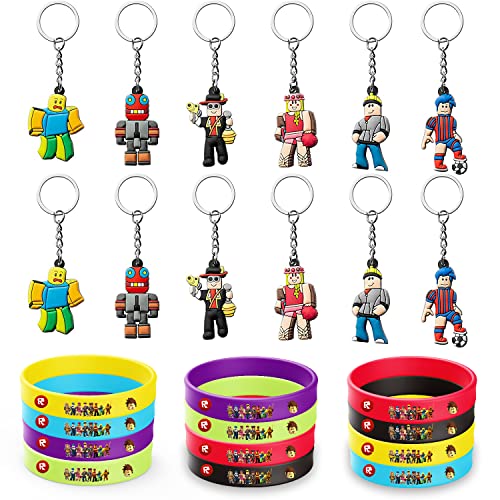 24Pcs Robot Blocks Party Favors Set Include 12 Bracelets and 12 Keychains for Video Game Fans Colored Silicone Wristbands Rubber Key Chains Party Supplies for Kids Birthday Game Themed Party