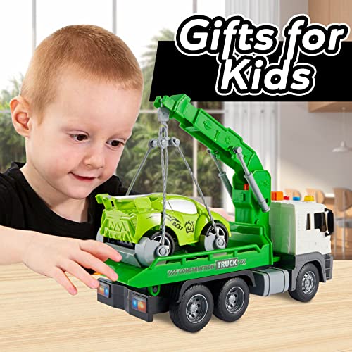 HYAKIDS 1:16 Rescue Wrecker Crane Truck with Race Car Lifting Function for Kids Friction Powered Vehicle Construction Toys Educational Gifts for Boys Girls 3 4 5 Year Old