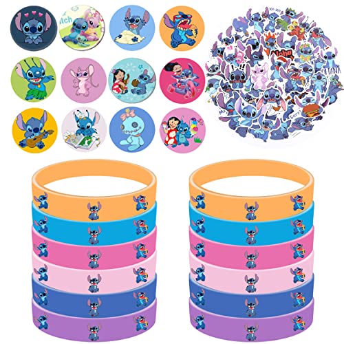 Cartoon Birthday Party Favour Party Supplies Kit 74 PCS Cartoon Birthday Party Bag Fillers Include Bracelets Badges Sticker Keychain Gifts for Kids Party Favours Gifts