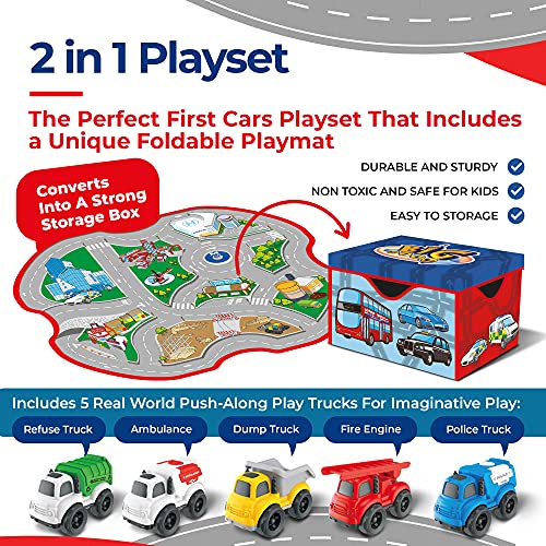 Tippi Kids' Play Vehicles - Set of 5 Trucks & Playmat Set - Police, Ambulance, Fire Engine - Toy Cars For 1,2,3 Year Old Boys - Suitable For 1 Year Olds